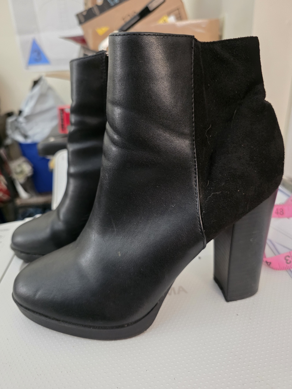 SHEIN Black Leather & Suede Block Heel Ankle Boots